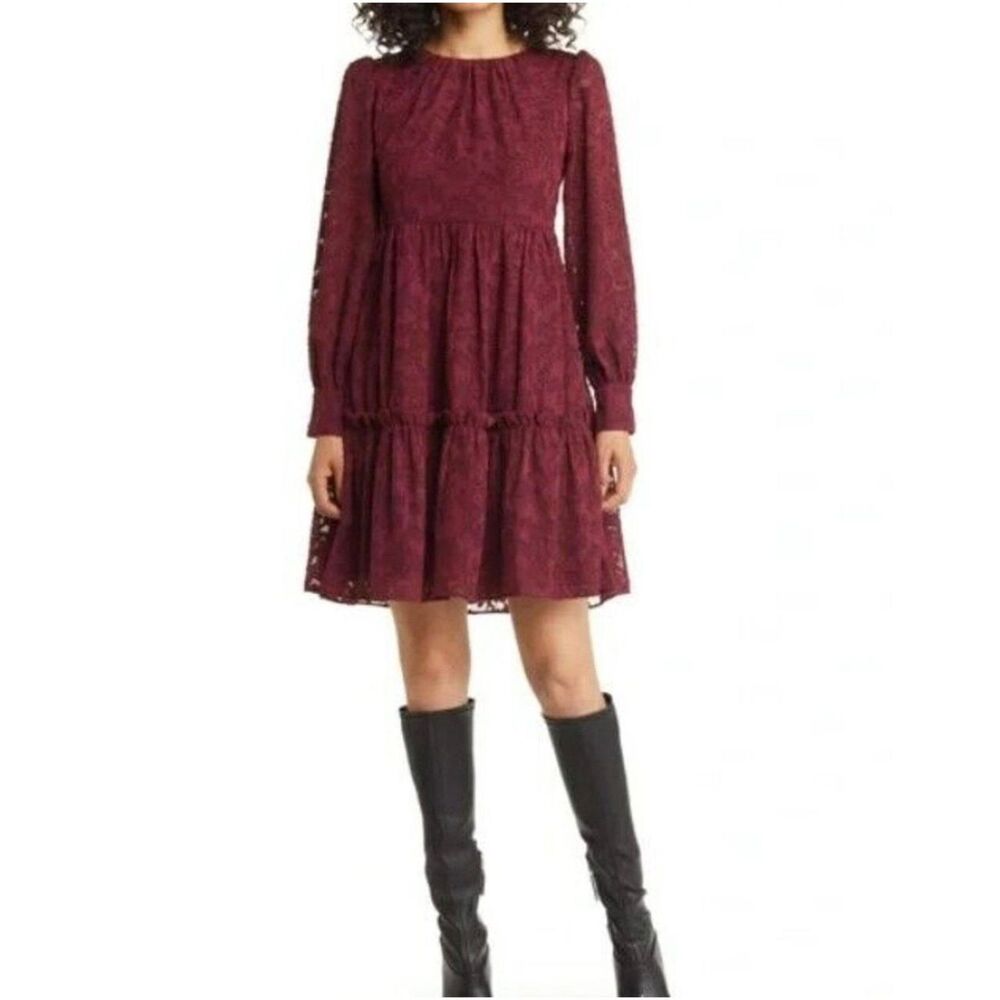 Eliza J. Burgundy Floral Long Sleeve Tiered Midi Dress Size 4 Boho/Fairy